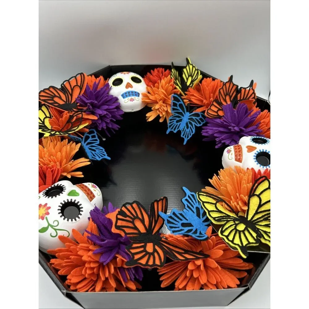 Spooky Village Day Of‎ The Dead Colorful Wreath NEW